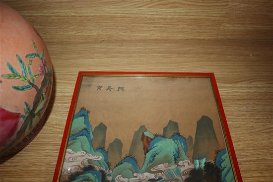 Chinese School, early 20th century, pair of gouache on silk, Pagodas and procession in mountainous landscapes, 32.5 x 25cm